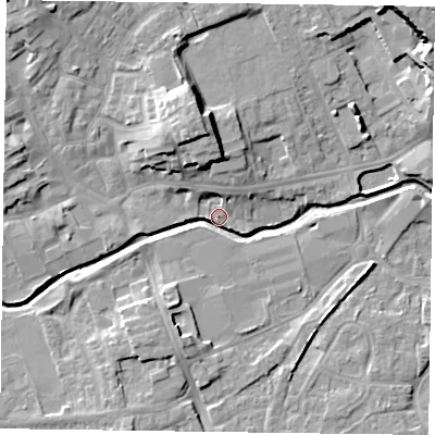 Shaded relief map of the ground around LE167FF, computed from Environment Agency LiDAR. The ground here sits at about 77 m above sea level and falls 15 m across the surrounding 800 m. Surface water reaching this point runs off ground lying to the north-north-west, 12.6 m higher.