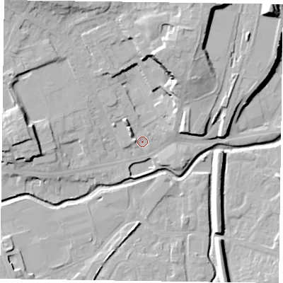 Shaded relief map of the ground around LE167FH, computed from Environment Agency LiDAR. The ground here sits at about 77 m above sea level and falls 18 m across the surrounding 800 m. Surface water reaching this point runs off ground lying to the north-north-east, 12.7 m higher.