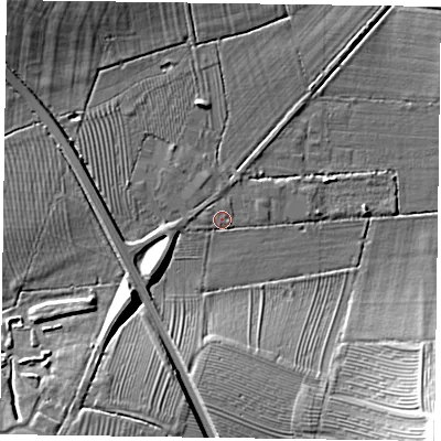 Shaded relief map of the ground around LE167FN, computed from Environment Agency LiDAR. The ground here sits at about 72 m above sea level and falls 19 m across the surrounding 800 m. Surface water reaching this point runs off ground lying to the west, 1.2 m higher.