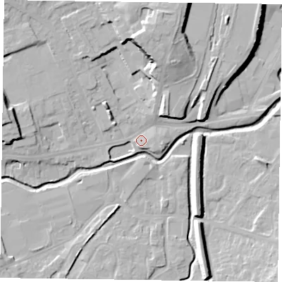 Shaded relief map of the ground around LE167GL, computed from Environment Agency LiDAR. The ground here sits at about 77 m above sea level and falls 16 m across the surrounding 800 m. Surface water reaching this point runs off ground lying to the north, 14.2 m higher.