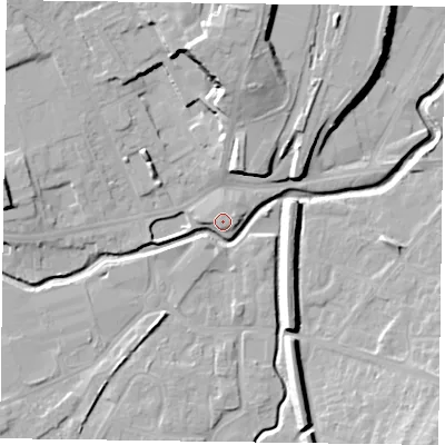 Shaded relief map of the ground around LE167GR, computed from Environment Agency LiDAR. The ground here sits at about 78 m above sea level and falls 16 m across the surrounding 800 m. Surface water reaching this point runs off ground lying to the east-north-east, 0.7 m higher.