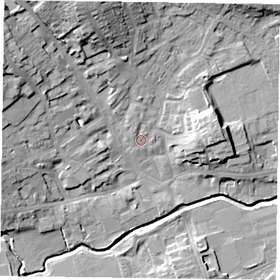 Shaded relief map of the ground around LE167NB, computed from Environment Agency LiDAR. The ground here sits at about 79 m above sea level and falls 19 m across the surrounding 800 m. Surface water reaching this point runs off ground lying to the north-north-west, 14.9 m higher.
