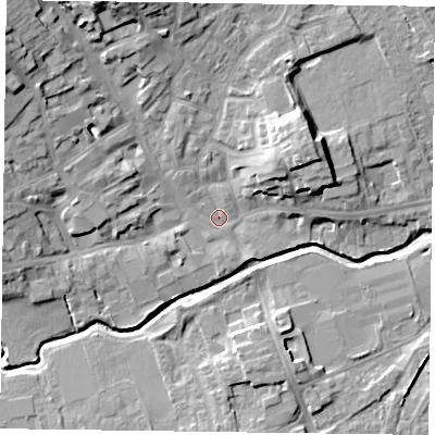 Shaded relief map of the ground around LE167PA, computed from Environment Agency LiDAR. The ground here sits at about 77 m above sea level and falls 15 m across the surrounding 800 m. Surface water reaching this point runs off ground lying to the north-west, 12.9 m higher.