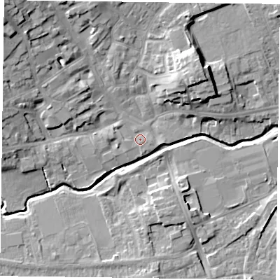 Shaded relief map of the ground around LE167PD, computed from Environment Agency LiDAR. The ground here sits at about 77 m above sea level and falls 15 m across the surrounding 800 m. Surface water reaching this point runs off ground lying to the east-south-east, 1.2 m higher.