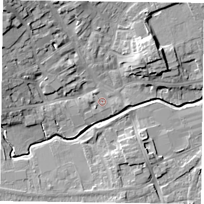 Shaded relief map of the ground around LE167PE, computed from Environment Agency LiDAR. The ground here sits at about 77 m above sea level and falls 16 m across the surrounding 800 m. Surface water reaching this point runs off ground lying to the west-south-west, 1.4 m higher.