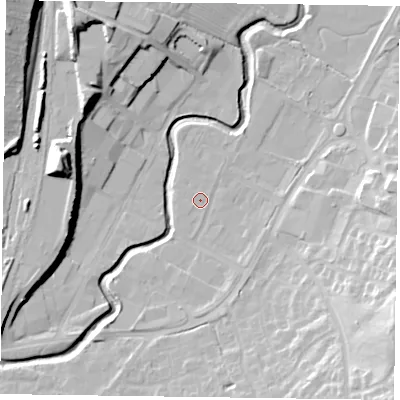 Shaded relief map of the ground around LE167PS, computed from Environment Agency LiDAR. The ground here sits at about 75 m above sea level and falls 24 m across the surrounding 800 m. Surface water reaching this point runs off ground lying to the south-south-east, 9.4 m higher.