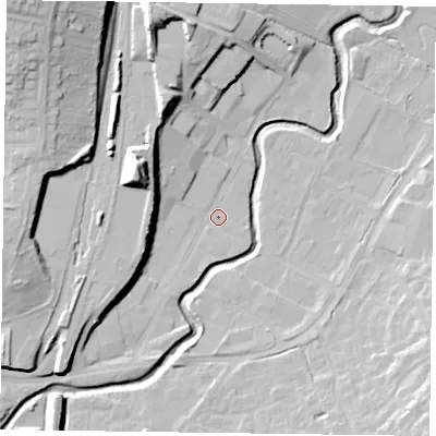 Shaded relief map of the ground around LE167PT, computed from Environment Agency LiDAR. The ground here sits at about 75 m above sea level and falls 28 m across the surrounding 800 m. Surface water reaching this point runs off ground lying to the west-north-west, 16.6 m higher.