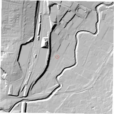 Shaded relief map of the ground around LE167PX, computed from Environment Agency LiDAR. The ground here sits at about 76 m above sea level and falls 28 m across the surrounding 800 m. Surface water reaching this point runs off ground lying to the north-west, 16.4 m higher.