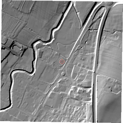 Shaded relief map of the ground around LE167QD, computed from Environment Agency LiDAR. The ground here sits at about 74 m above sea level and falls 23 m across the surrounding 800 m. Surface water reaching this point runs off ground lying to the south-south-east, 18.8 m higher.
