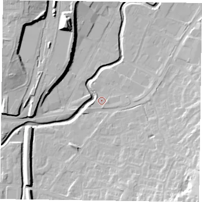 Shaded relief map of the ground around LE167QE, computed from Environment Agency LiDAR. The ground here sits at about 76 m above sea level and falls 21 m across the surrounding 800 m. Surface water reaching this point runs off ground lying to the south-east, 17.0 m higher.