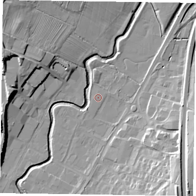 Shaded relief map of the ground around LE167QF, computed from Environment Agency LiDAR. The ground here sits at about 75 m above sea level and falls 24 m across the surrounding 800 m. Surface water reaching this point runs off ground lying to the south-east, 20.5 m higher.
