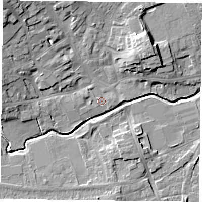 Shaded relief map of the ground around LE167QL, computed from Environment Agency LiDAR. The ground here sits at about 77 m above sea level and falls 15 m across the surrounding 800 m. Surface water reaching this point runs off ground lying to the west-south-west, 1.4 m higher.