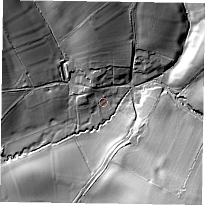 Shaded relief map of the ground around LE167SQ, computed from Environment Agency LiDAR. The ground here sits at about 102 m above sea level and falls 34 m across the surrounding 800 m. Surface water reaching this point runs off ground lying to the north-north-west, 5.7 m higher.