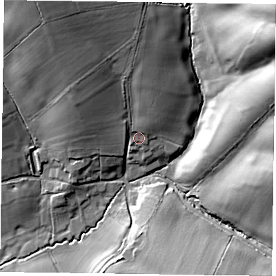 Shaded relief map of the ground around LE167SS, computed from Environment Agency LiDAR. The ground here sits at about 109 m above sea level and falls 36 m across the surrounding 800 m. Surface water reaching this point runs off ground lying to the north-west, 22.3 m higher.