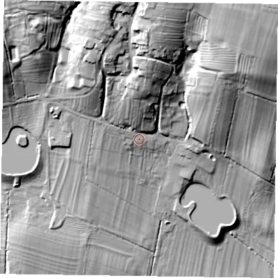 Shaded relief map of the ground around LE167TB, computed from Environment Agency LiDAR. The ground here sits at about 88 m above sea level and falls 40 m across the surrounding 800 m. Surface water reaching this point runs off ground lying to the north, 14.5 m higher.