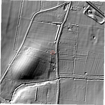 Shaded relief map of the ground around LE167TG, computed from Environment Agency LiDAR. The ground here sits at about 80 m above sea level and falls 13 m across the surrounding 800 m. Surface water reaching this point runs off ground lying to the west, 5.3 m higher.
