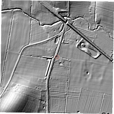 Shaded relief map of the ground around LE167TH, computed from Environment Agency LiDAR. The ground here sits at about 77 m above sea level and falls 14 m across the surrounding 800 m. Surface water reaching this point runs off ground lying to the south-west, 10.7 m higher.