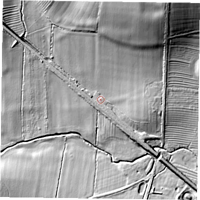 Shaded relief map of the ground around LE167TQ, computed from Environment Agency LiDAR. The ground here sits at about 80 m above sea level and falls 31 m across the surrounding 800 m. Surface water reaching this point runs off ground lying to the north-north-east, 21.3 m higher.