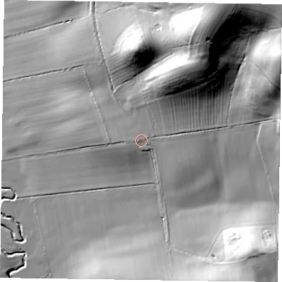 Shaded relief map of the ground around LE167UQ, computed from Environment Agency LiDAR. The ground here sits at about 93 m above sea level and falls 64 m across the surrounding 800 m. Surface water reaching this point runs off ground lying to the north-north-east, 13.4 m higher.