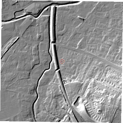 Shaded relief map of the ground around LE168AA, computed from Environment Agency LiDAR. The ground here sits at about 77 m above sea level and falls 36 m across the surrounding 800 m. Surface water reaching this point runs off ground lying to the south-east, 32.5 m higher.