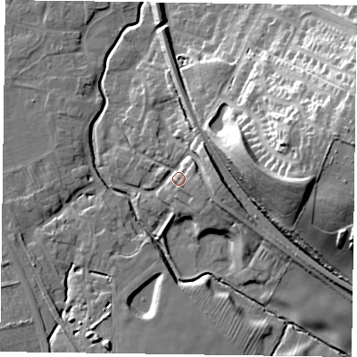 Shaded relief map of the ground around LE168AD, computed from Environment Agency LiDAR. The ground here sits at about 82 m above sea level and falls 36 m across the surrounding 800 m. Surface water reaching this point runs off ground lying to the east, 10.8 m higher.