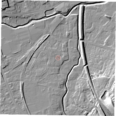Shaded relief map of the ground around LE168AE, computed from Environment Agency LiDAR. The ground here sits at about 77 m above sea level and falls 31 m across the surrounding 800 m. Surface water reaching this point runs off ground lying to the south-west, 1.2 m higher.