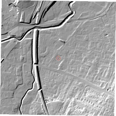 Shaded relief map of the ground around LE168AJ, computed from Environment Agency LiDAR. The ground here sits at about 77 m above sea level and falls 34 m across the surrounding 800 m. Surface water reaching this point runs off ground lying to the south-east, 13.0 m higher.
