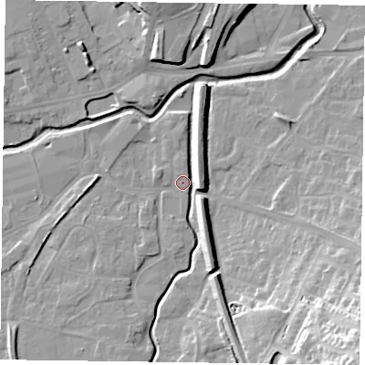 Shaded relief map of the ground around LE168AN, computed from Environment Agency LiDAR. The ground here sits at about 77 m above sea level and falls 31 m across the surrounding 800 m. Surface water reaching this point runs off ground lying to the south-south-east, 10.8 m higher.