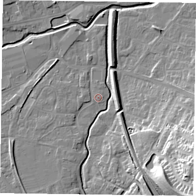 Shaded relief map of the ground around LE168AS, computed from Environment Agency LiDAR. The ground here sits at about 77 m above sea level and falls 34 m across the surrounding 800 m. Surface water reaching this point runs off ground lying to the south, 0.8 m higher.