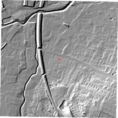 Shaded relief map of the ground around LE168AW, computed from Environment Agency LiDAR. The ground here sits at about 78 m above sea level and falls 38 m across the surrounding 800 m. Surface water reaching this point runs off ground lying to the south-east, 32.7 m higher.
