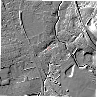 Shaded relief map of the ground around LE168AX, computed from Environment Agency LiDAR. The ground here sits at about 78 m above sea level and falls 28 m across the surrounding 800 m. Surface water reaching this point runs off ground lying to the south-south-east, 10.8 m higher.