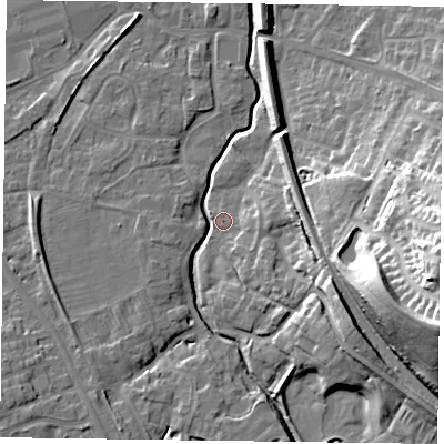 Shaded relief map of the ground around LE168AY, computed from Environment Agency LiDAR. The ground here sits at about 77 m above sea level and falls 35 m across the surrounding 800 m. Surface water reaching this point runs off ground lying to the south-east, 15.3 m higher.