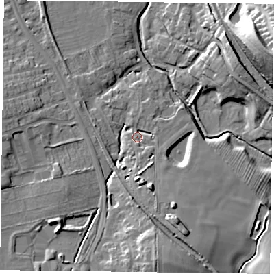 Shaded relief map of the ground around LE168AZ, computed from Environment Agency LiDAR. The ground here sits at about 80 m above sea level and falls 31 m across the surrounding 800 m. Surface water reaching this point runs off ground lying to the south-south-east, 8.3 m higher.