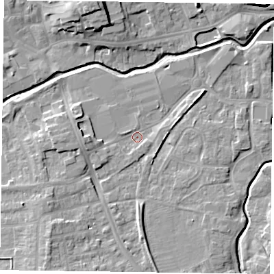 Shaded relief map of the ground around LE168BD, computed from Environment Agency LiDAR. The ground here sits at about 77 m above sea level and falls 13 m across the surrounding 800 m. Surface water reaching this point runs off ground lying to the south-west, 5.9 m higher.