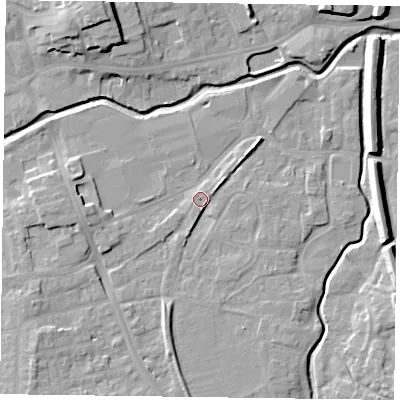 Shaded relief map of the ground around LE168BF, computed from Environment Agency LiDAR. The ground here sits at about 78 m above sea level and falls 14 m across the surrounding 800 m. Surface water reaching this point runs off ground lying to the south, 4.5 m higher.