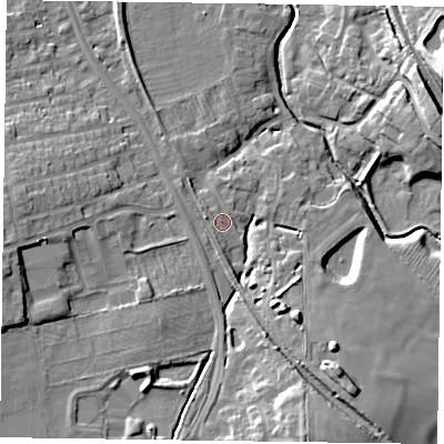 Shaded relief map of the ground around LE168BG, computed from Environment Agency LiDAR. The ground here sits at about 81 m above sea level and falls 19 m across the surrounding 800 m. Surface water reaching this point runs off ground lying to the south-west, 1.2 m higher.