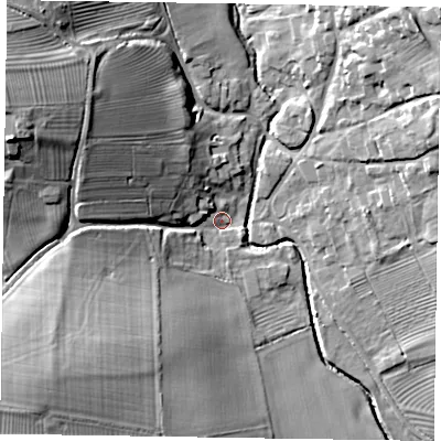 Shaded relief map of the ground around LE168DL, computed from Environment Agency LiDAR. The ground here sits at about 64 m above sea level and falls 28 m across the surrounding 800 m. Surface water reaching this point runs off ground lying to the north-west, 18.7 m higher.