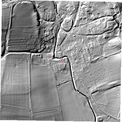 Shaded relief map of the ground around LE168DN, computed from Environment Agency LiDAR. The ground here sits at about 63 m above sea level and falls 33 m across the surrounding 800 m. Surface water reaching this point runs off ground lying to the south-west, 11.1 m higher.