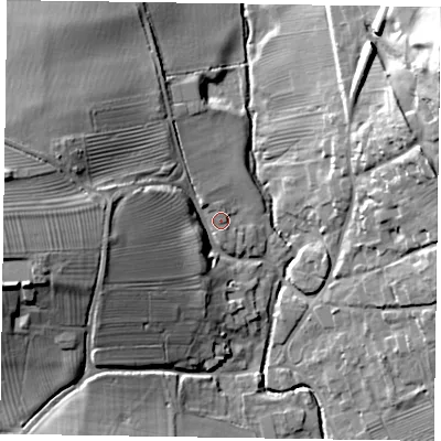 Shaded relief map of the ground around LE168DR, computed from Environment Agency LiDAR. The ground here sits at about 67 m above sea level and falls 31 m across the surrounding 800 m. Surface water reaching this point runs off ground lying to the north-north-west, 1.3 m higher.