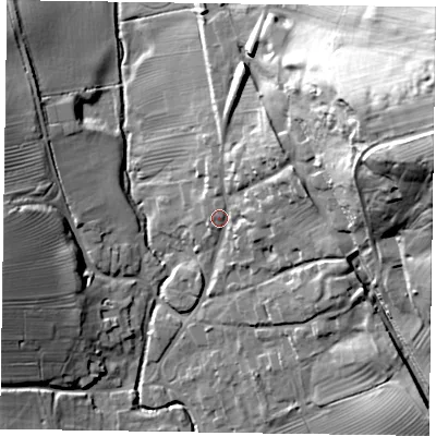 Shaded relief map of the ground around LE168DT, computed from Environment Agency LiDAR. The ground here sits at about 70 m above sea level and falls 54 m across the surrounding 800 m. Surface water reaching this point runs off ground lying to the east-north-east, 45.9 m higher.