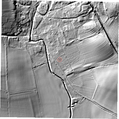 Shaded relief map of the ground around LE168DW, computed from Environment Agency LiDAR. The ground here sits at about 64 m above sea level and falls 40 m across the surrounding 800 m. Surface water reaching this point runs off ground lying to the east-north-east, 16.0 m higher.
