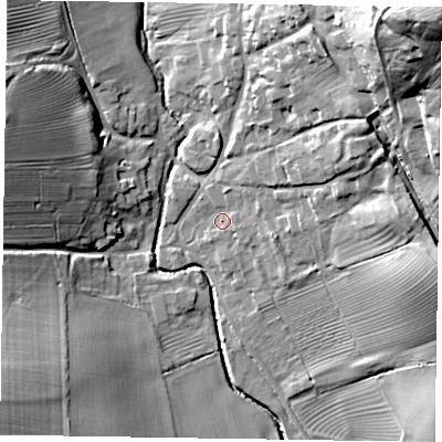 Shaded relief map of the ground around LE168DX, computed from Environment Agency LiDAR. The ground here sits at about 64 m above sea level and falls 53 m across the surrounding 800 m. Surface water reaching this point runs off ground lying to the east-north-east, 16.2 m higher.