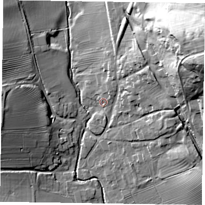 Shaded relief map of the ground around LE168EB, computed from Environment Agency LiDAR. The ground here sits at about 66 m above sea level and falls 51 m across the surrounding 800 m. Surface water reaching this point runs off ground lying to the north-north-east, 5.9 m higher.