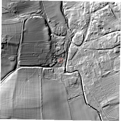 Shaded relief map of the ground around LE168EE, computed from Environment Agency LiDAR. The ground here sits at about 64 m above sea level and falls 30 m across the surrounding 800 m. Surface water reaching this point runs off ground lying to the west-north-west, 18.7 m higher.