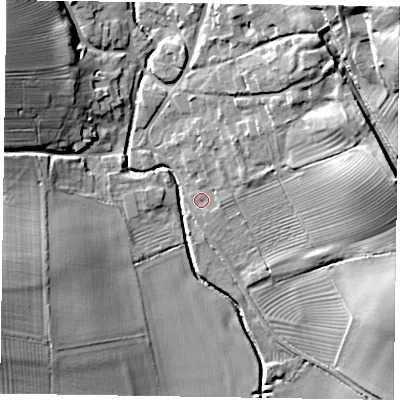 Shaded relief map of the ground around LE168ES, computed from Environment Agency LiDAR. The ground here sits at about 63 m above sea level and falls 38 m across the surrounding 800 m. Surface water reaching this point runs off ground lying to the north-east, 15.8 m higher.