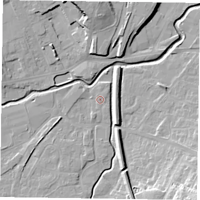 Shaded relief map of the ground around LE168EW, computed from Environment Agency LiDAR. The ground here sits at about 77 m above sea level and falls 22 m across the surrounding 800 m. Surface water reaching this point runs off ground lying to the south-south-east, 0.6 m higher.
