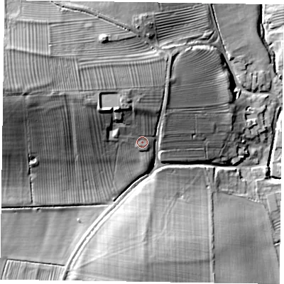 Shaded relief map of the ground around LE168EZ, computed from Environment Agency LiDAR. The ground here sits at about 77 m above sea level and falls 31 m across the surrounding 800 m. Surface water reaching this point runs off ground lying to the north-north-west, 8.1 m higher.