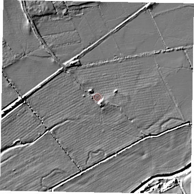 Shaded relief map of the ground around LE168FU, computed from Environment Agency LiDAR. The ground here sits at about 51 m above sea level and falls 5 m across the surrounding 800 m. Surface water reaching this point runs off ground lying to the south-south-east, 1.7 m higher.