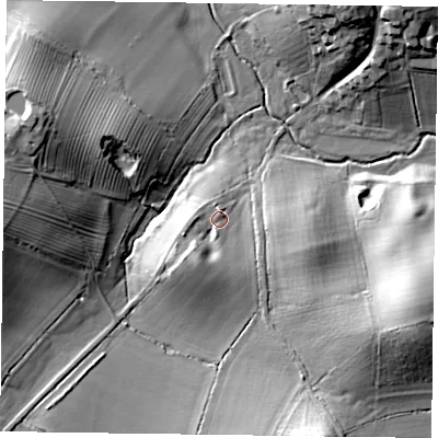Shaded relief map of the ground around LE168JU, computed from Environment Agency LiDAR. The ground here sits at about 113 m above sea level and falls 22 m across the surrounding 800 m. Surface water reaching this point runs off ground lying to the south-south-west, 5.5 m higher.