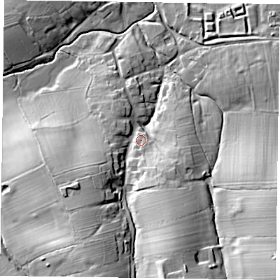 Shaded relief map of the ground around LE168LH, computed from Environment Agency LiDAR. The ground here sits at about 105 m above sea level and falls 38 m across the surrounding 800 m. Surface water reaching this point runs off ground lying to the south, 23.9 m higher.